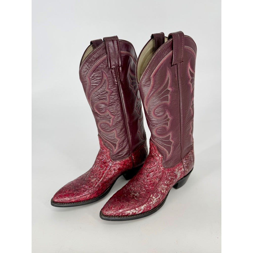 Remington Boot Red Sea Bass Skin Western Cowboy Boots Womens 6B Burgundy Leather